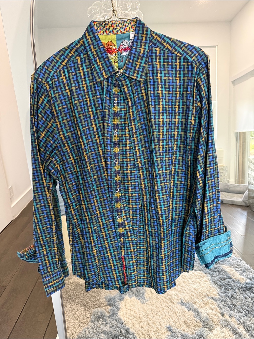 Classic Men's Button-Down Shirt - Blue, Yellow, Green Geometric